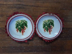 lot 3029 image: 2 Plates with Red Berry and Leaf Design, Crocheted Edges
