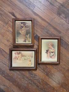 lot 3032 image: 3 Framed Prints with Wood Frames Figurative Scenes