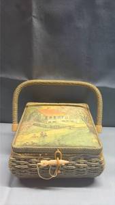 lot 2007 image: Vintage Sewing Basket with Accessories and Rural Cottage Decor Lid