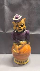 lot 2011 image: Vintage 1971 Kansas State University Purple Power Willie the Wildcat basketball ceramic liquor decanter