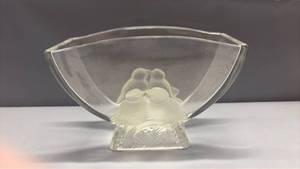 lot 2017 image: Vintage Verlys frosted-glass lovebirds fan vase featuring a clear crescent-shaped bowl and a molded footed base with intertwined frosted birds. Approximately 4.5 Inches Tall and 6.5 Inches Wide