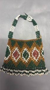 lot 2023 image: Beaded Tiny Bag with Green White and Gold Diamond Pattern Fringe