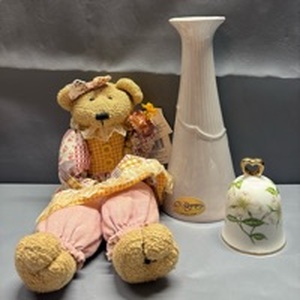 lot 4013 image: Lefton Dogwood Flower Bell, Mauve DElegance Vase and Decorative Sitting Teddy Bear
