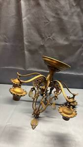 lot 4026 image: ($$$ online)Medieval Style 5 Bulb Brass Chandelier with Scrolled Arms, Textured Shields and Glass Drops