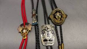 lot 4037 image: 4) Bolo Ties with Decorative Semi Precious Accented Metal Slides
