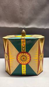 lot 4038 image: Vintage Baret Ware Art Grace octagon decorative tin container made in England, featuring colorful geometric patterns and embossed medallions