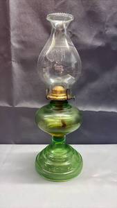 lot 4039 image: Large Vintage Uranium Glass Oil Lamp with Beaded Edge Hurricane Shade