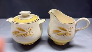 lot 4047 image: Excellent Condition Century Service AUTUMN GOLD Sugar Bowl with Lid and Creamer Set. Wheat Motif Yellow Band Gold Trim
