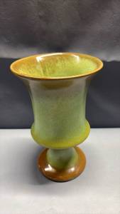 lot 4048 image: Vintage Frankoma Pottery F35 pedestal vase or goblet, featuring a green and brown ombre glaze over signature Oklahoma clay.