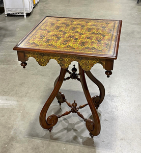 lot 905 image: Eastlake style occasional table with a marquetry-style geometric patterned top and scroll-carved legs 28 x 22 x 22 in