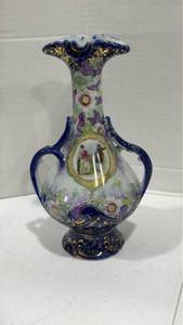 lot 1006 image: Porcelain double-handled vase with cobalt blue and gilt Rococo scroll design 12 in tall