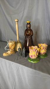 lot 156 image: 1970s Mrs. Butterworth Syrup Bottle Floral Candlesticks Wooden Items and Cruet