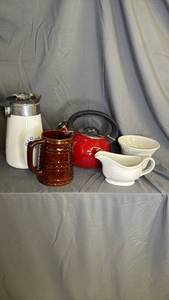 lot 159 image: Corning Ware Blue Cornflower Coffee Pot Carafe Percolator Red Metal Kettle Marcrest Stoneware PitcherPfaltzgraff Planter and Gravy Boat