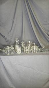 lot 167 image: Glass Tableware Lot Decanters Cruets Pitchers Glasses Dishes