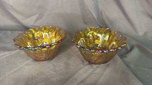 lot 196 image: Indiana Glass Wild Rose Taper Candle Holders Carnival Glass Marigold