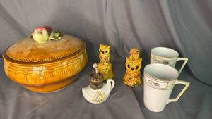 lot 201 image: Ceramic Casserole Dish- Owl Bells- Small Oil Lamp Bottom - See pictures for damage to casserole dish