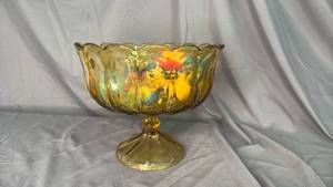 lot 202 image: Amber Compote Dish 7.5 high with Variety Vintage Toys and Junk Drawer items