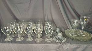 lot 203 image: Anchor Hocking Bubble Foot Water Goblets - 15 and candlestick holders and more