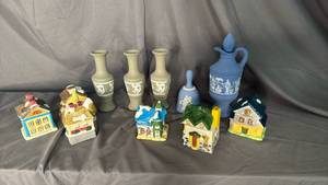 lot 227 image: Ceramic Houses with removable lids and Avon Wedgewood Inspired Vases