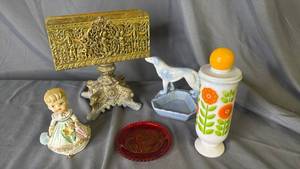 lot 243 image: Vintage Ceramic Girl Bell, Napkin Holder, Milk Glass Vase with Lid and more