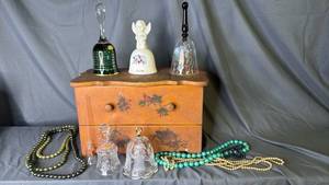 lot 246 image: Wooden Tea Box (needs cleaning and see pictures) costume jewelry and Bells