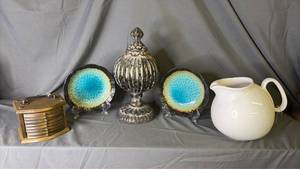 lot 271 image: Mixed Home Decor Lot Glazed Plates, Urn, Pitcher, Wood Coaster Set