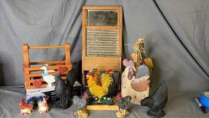 lot 273 image: Group of chicken rooster decor, wash board, cast iron napkin holder and wood baskets