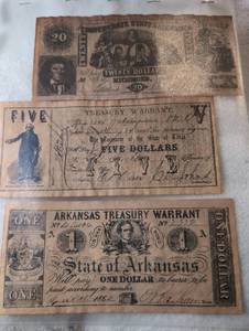 lot 505 image: Confederate States Twenty Dollar Note & Arkansas Treasury Warrants Lot