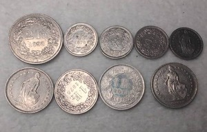 lot 513 image: Swiss Francs Coin Lot 9 Coins Mixed Denominations