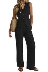 lot 6817 image: Heipeiwa Womens 2 Piece Linen Vest and Wide Leg Pants Set-L  Retail $79.99