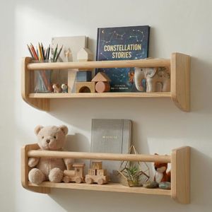 lot 21543 image: Nursery Bookshelf Set of 2 - 16in Wall Mounted Wooden Floating Shelves