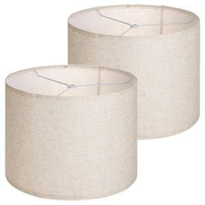 lot 21577 image: 2-Pc Beige Linen Drum Lamp Shades, Large, for Table & Floor Lamps, 13x13x10