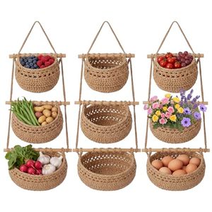 lot 21585 image: Junkin 3 Pack 3 Tier Hanging Fruit Basket, Boho Cotton Woven