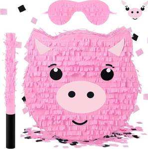 lot 21612 image: Deekin Pig Pi ata Set with Stick Blindfold Confetti Kid Birthday Party Game