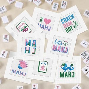 lot 21691 image: Chumia 8 Pack Embroidered Linen Mahjong Cocktail Napkins Fabric, 8 Style