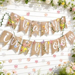 lot 21765 image: Baby in Bloom Baby Shower Burlap Banner - Flower-Themed Leaves, Petals