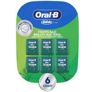 lot 21822 image: Oral-B Glide Dental Floss with Scope Outlast Mint Flavor, Value 6 Pack (40m)