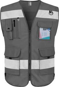 lot 21827 image: TCCFCCT Grey Safety Vest, 9 Pockets, High-Visibility Reflective, ANSI, Large