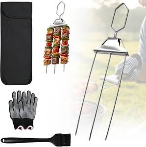 lot 21847 image: 3 Prong Stainless Steel Kabob Skewers Set (14.7 in) BBQ Kit w Gloves, Caps