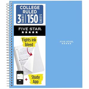 lot 21869 image: Five Star Spiral Notebook, 3 Subject, College Ruled, 8.5x11, 150 Sheets, Blue