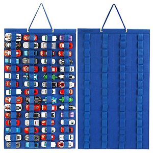 lot 21923 image: Hanging Toy Car Storage Organizer, Felt 60 Slots Wall Case (Blue)