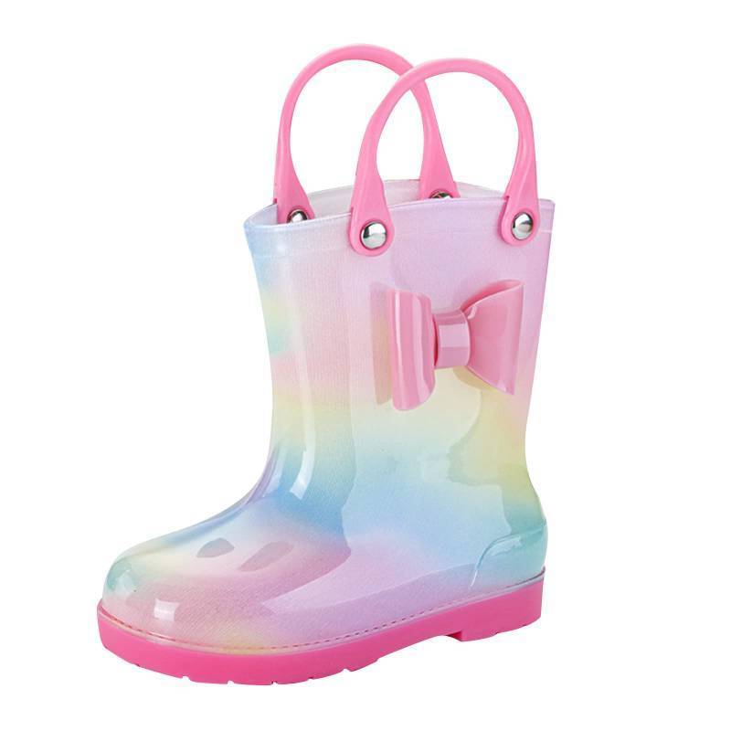 lot 62455 image: Children Shoes Rain Boots Cartoon Tie Dye Rainbow Shoes Boys Girls Infant Rain Boots Water Rubber Shoes (A, 9 Toddler) - Size 7 - Retail $21
