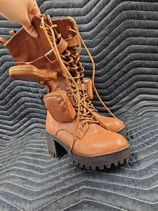 lot 61246 image: Lace-Up Chunky Heeled Thigh High Boot Tan with Pockets - Size 7