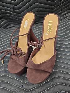 lot 61307 image: brown suede EGO Bite-Me Lace Up Peep Toe Platform Statement Heel - 6