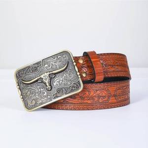 lot 19782 image: Western Floral Embossed Leather Belt for Men Women Cowboy Cowgirl Waist Strap Engraved Longhorn Bull Head Buckle - Retail $25