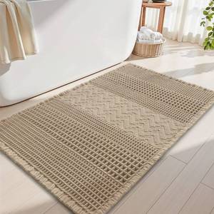 lot 19791 image: AMOAMI Waffle Bath-Mat, Super Absorbent Bath Mats for Bathroom, Boho Bathroom Rugs Non Slip Washable, Ultra Soft Bathroom-Mat with Tassels Bath Rugs for Floor Mat, 20 X 32 Brown - Retail $17