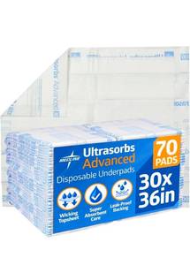 lot 19806 image: Medline Advanced Ultrasorbs Drypads, 30 x 36, 70 Count, Large Disposable Bed Pads, Incontinence Bed Pads, Super Absorbent Chucks For Adults, Elderly, 300 lb Weight Capacity - Retail $113