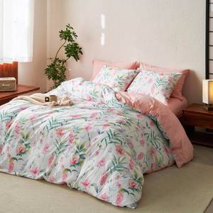 lot 19807 image: Aesthetic Botanical Flower and Tree Leaves, Soft Lightweight Bedding for Women Teen Girls, 3 Pieces, Pink Green, Full Size - Retail $0