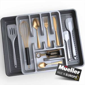 lot 19836 image: Mueller Large Flatware Kitchen Drawer Organizer, Expandable 19.7 x 15 Silverware Organizer, 6 Compartments, Heavy-Duty, Cutlery Tray for Utensils or Stuff, Dining Room, Living Room, Grey - Retail $35
