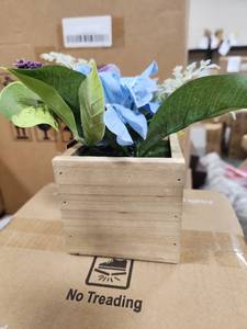 lot 19852 image: 10 pack Artificial Flower Arrangement in Wooden Box Blue Purple Mixed Flowers - Retail $0